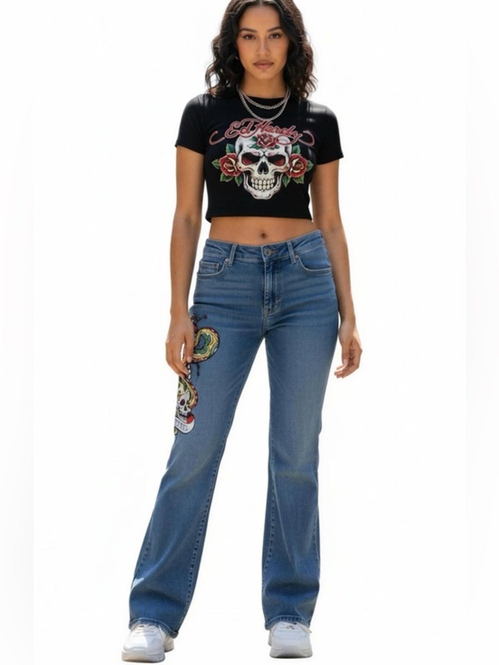 Ed Hardy Blue Denim Flare Jeans with Colorful Side Graphic